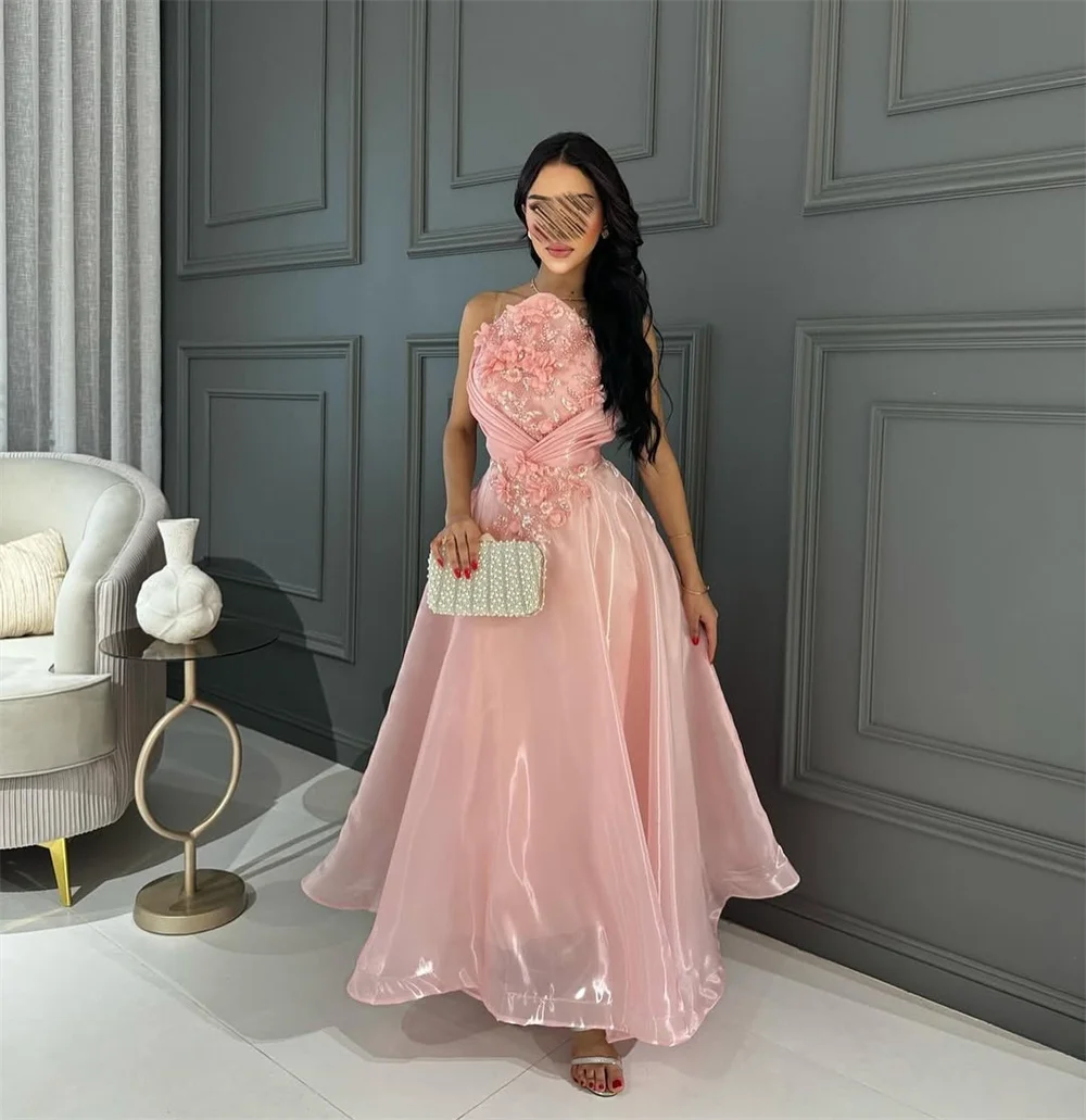 Mila Pink 3D Flowers Appliques Prom Dresses Strapless Organza Customized Evening Dresses Ankle-Length vestidos de fiesta 2025
