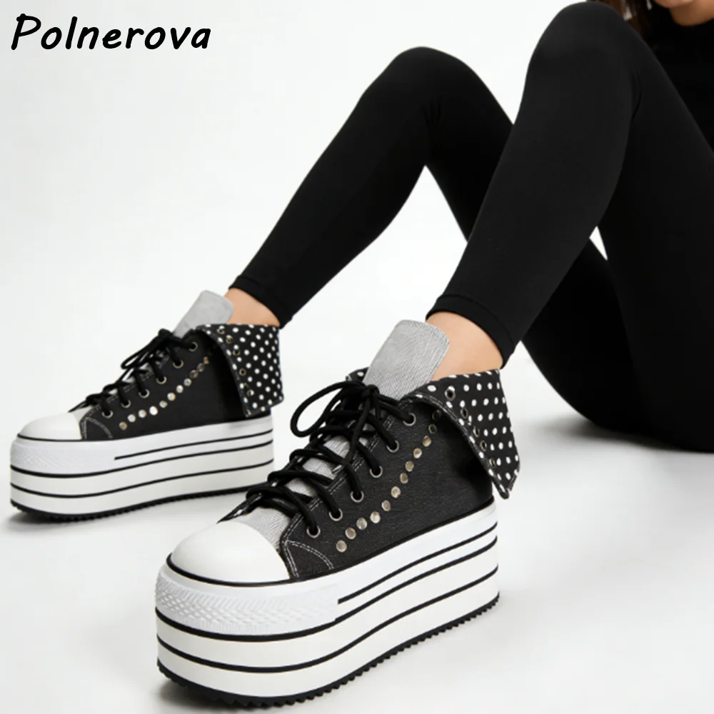 

Женские туфли-лодочки в горошек с металлическими заклепками, черно-белые, из канваса, с отворотами по краям, с круглым носком, повседневные, лаконичные, на толстой подошве