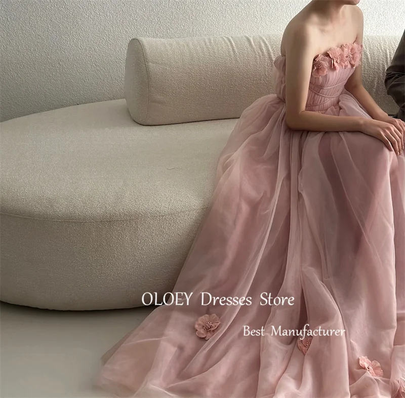 Oloey Fee Blush Roze Tule Lange Avondjurken Korea Fotoshoot 3d Bloemen Strapless Trouwfeest Jurk Galajurken Korset