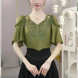 Women's 2024 Summer New French Spliced V-neck Button Butterfly Hollow Out Gauze Fashion Solid Slim Short Sleeve Blouses Shirts