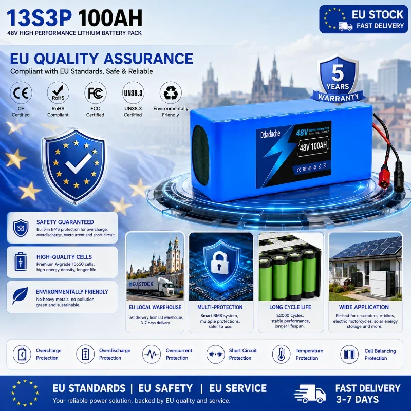 48V 100Ah 2000W 13S3P Li-Ionen-Akkupack für Elektroroller E-Bike 18650 Akku mit Smart BMS 54,6V Ladegerät EU-Lager 3-7 Tage Lieferzeit