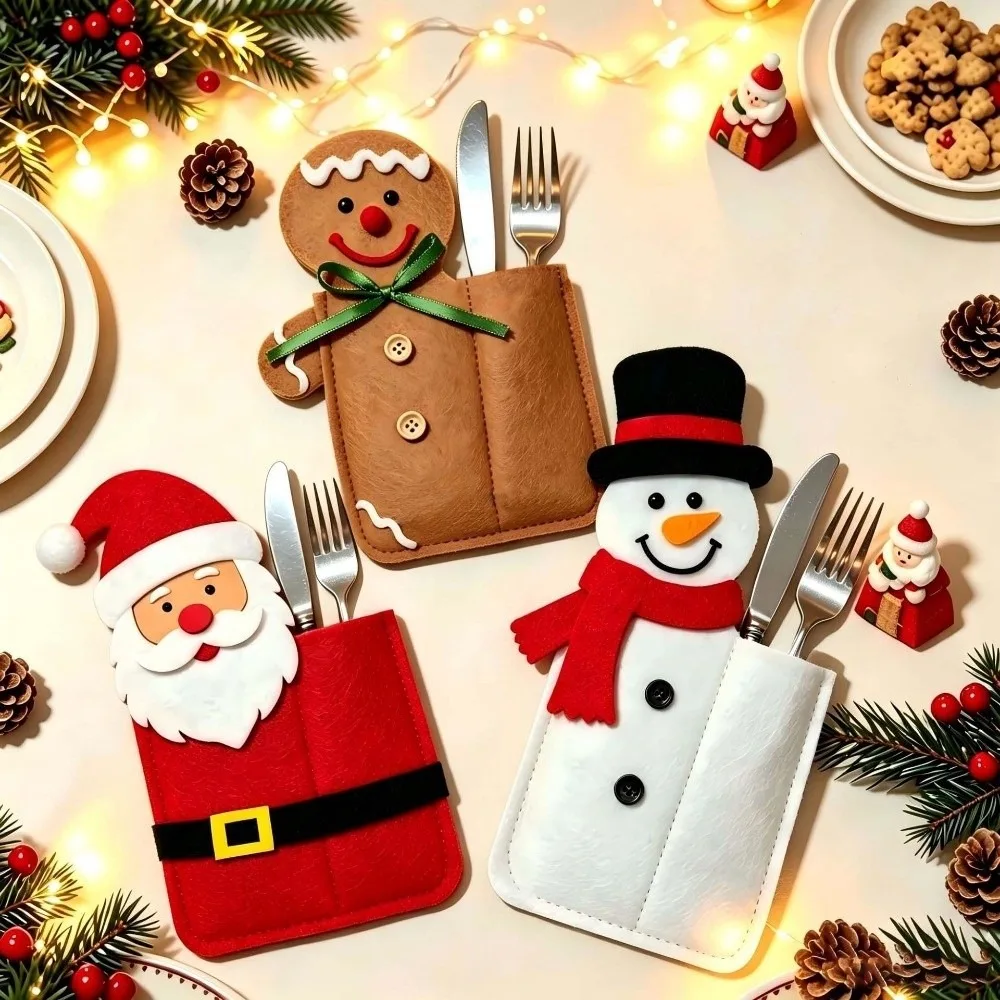 2pcs Felt Christmas Cutlery Holder Thick Durable Cute Cartoon Utensil Pocket Reusable Bright Colorful Xmas Tableware Bag Kitchen