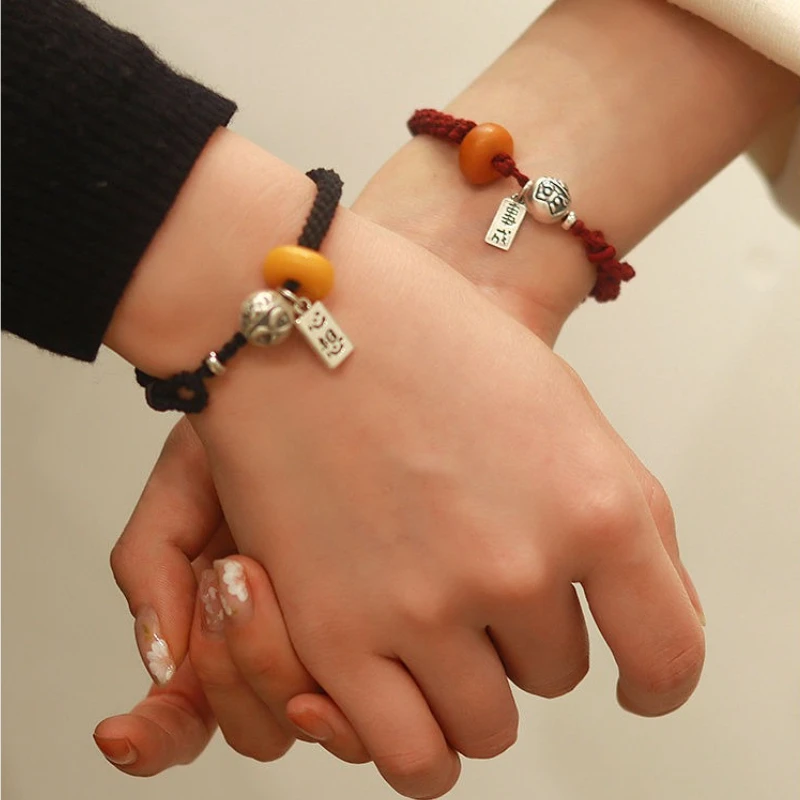 

Серебро 925, красная веревка, тканое желание, настоящий янтарь, этнический стиль, нишевый браслет из бисера Daruma, комплект для пары