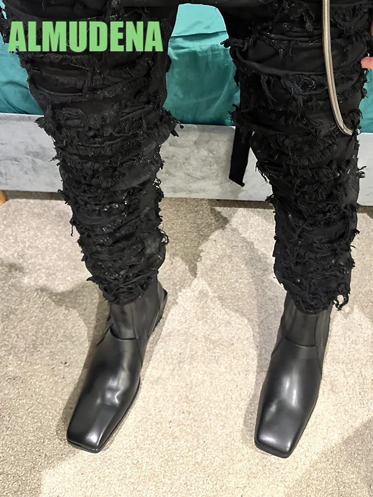 أحذية بمقدمة مربعة، كعب متوسط للدراجات النارية، أحذية عصرية للرجال والنساء بتصميم بسيط من الجلد وأكمام قصيرة #3