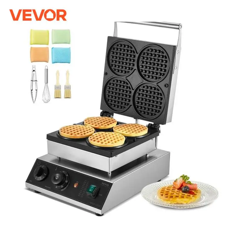 VEVOR Gaufrier Commercial 1750 W, Appareil à Gaufres Rondes Capacité 4PCs, en Acier Inoxydable,