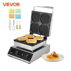 VEVOR 4 PCS Commercial Waffle Maker Round Waffle Baker Machine 1750W Non-Stick Stainless Steel Belgian Waffle Iron with Temp