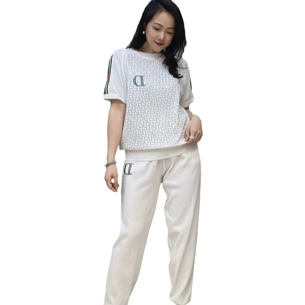 2024 Summer Women Two-piece Set Shiny Letters Hot Drilling Short Sleeve T-shirt Top + Casual Harem Pants Knitted Suits