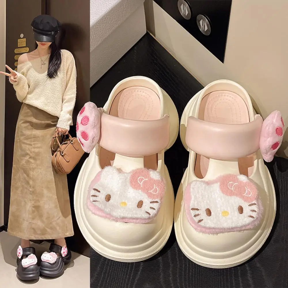 

2022, женские тапочки из ЭВА с рисунком «Hello Kitty», летние милые уличные сандалии на толстой подошве для девочек, Sanrioed, аниме Baotou Kawaii, тапочки