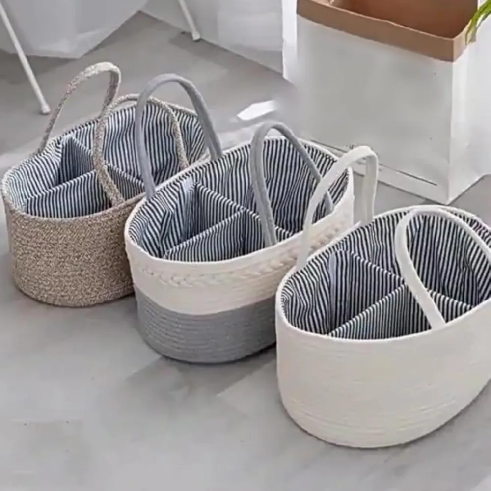 Durable Large Capacity Baby Nappy Organiser Portable Cotton Rope Diaper Storage Bag Detachable Woven Storage Basket for Newborn