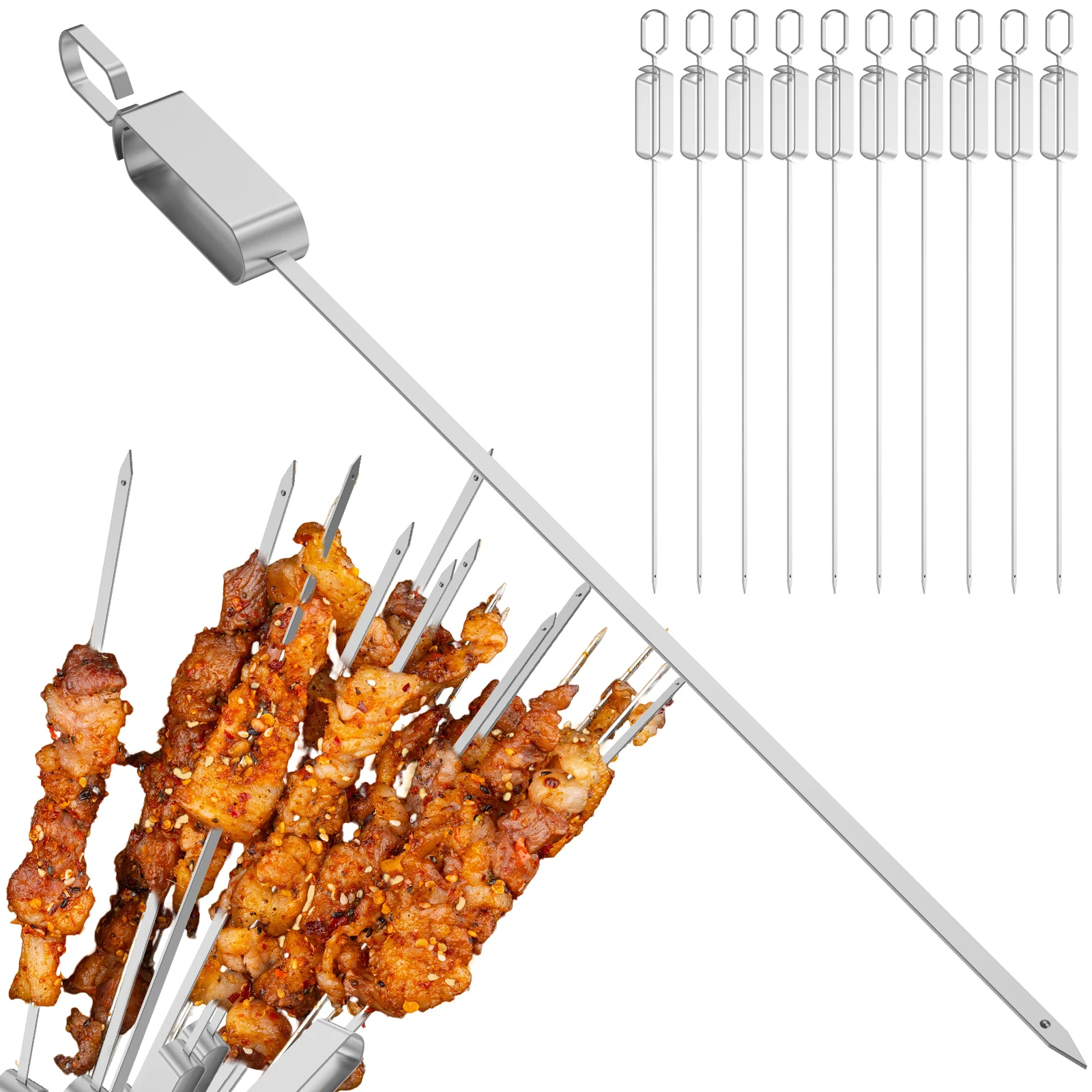 10Pcs BBQ Skewers Set with Storage Bag 17.1inch Stainless Steel Grilling Skewers Metal Kabob Skewers Flat Barbecue Kabob Sticks