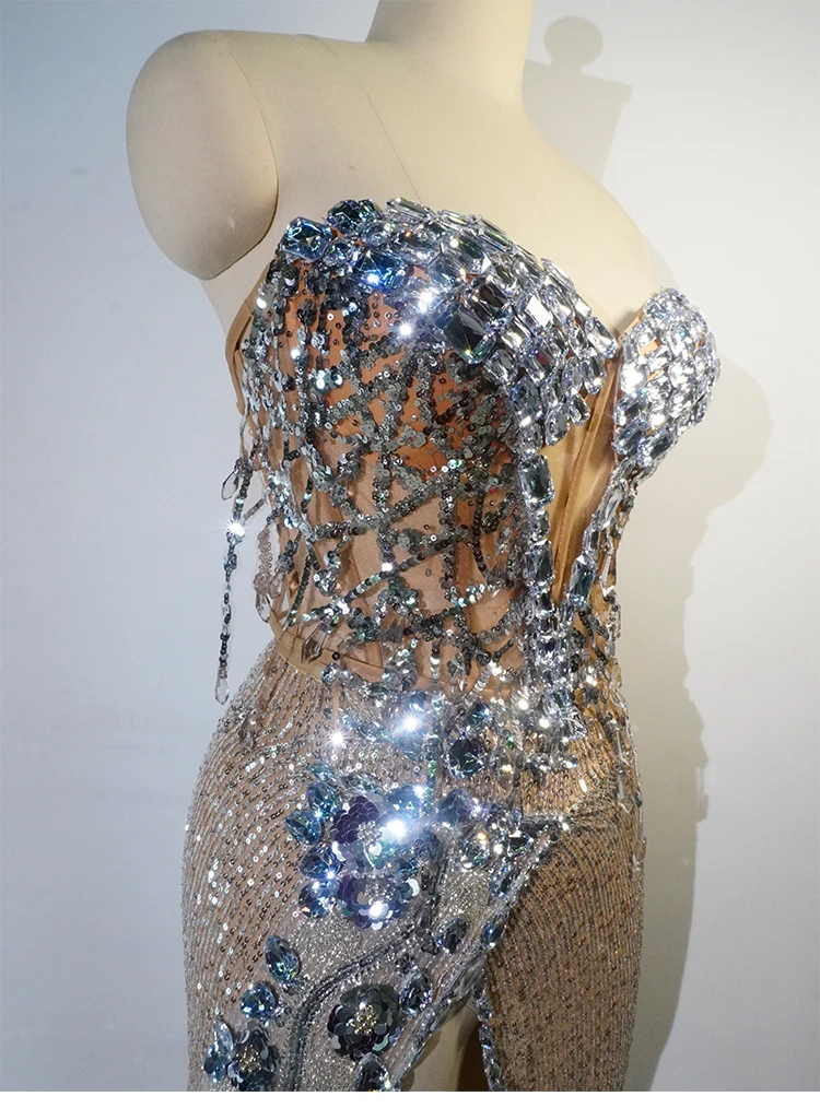 Vestidos de noche exclusivos con diamantes de imitación brillantes, lentejuelas y cuentas, trajes formales para actuación en escenario, trajes de bailarina y cantante