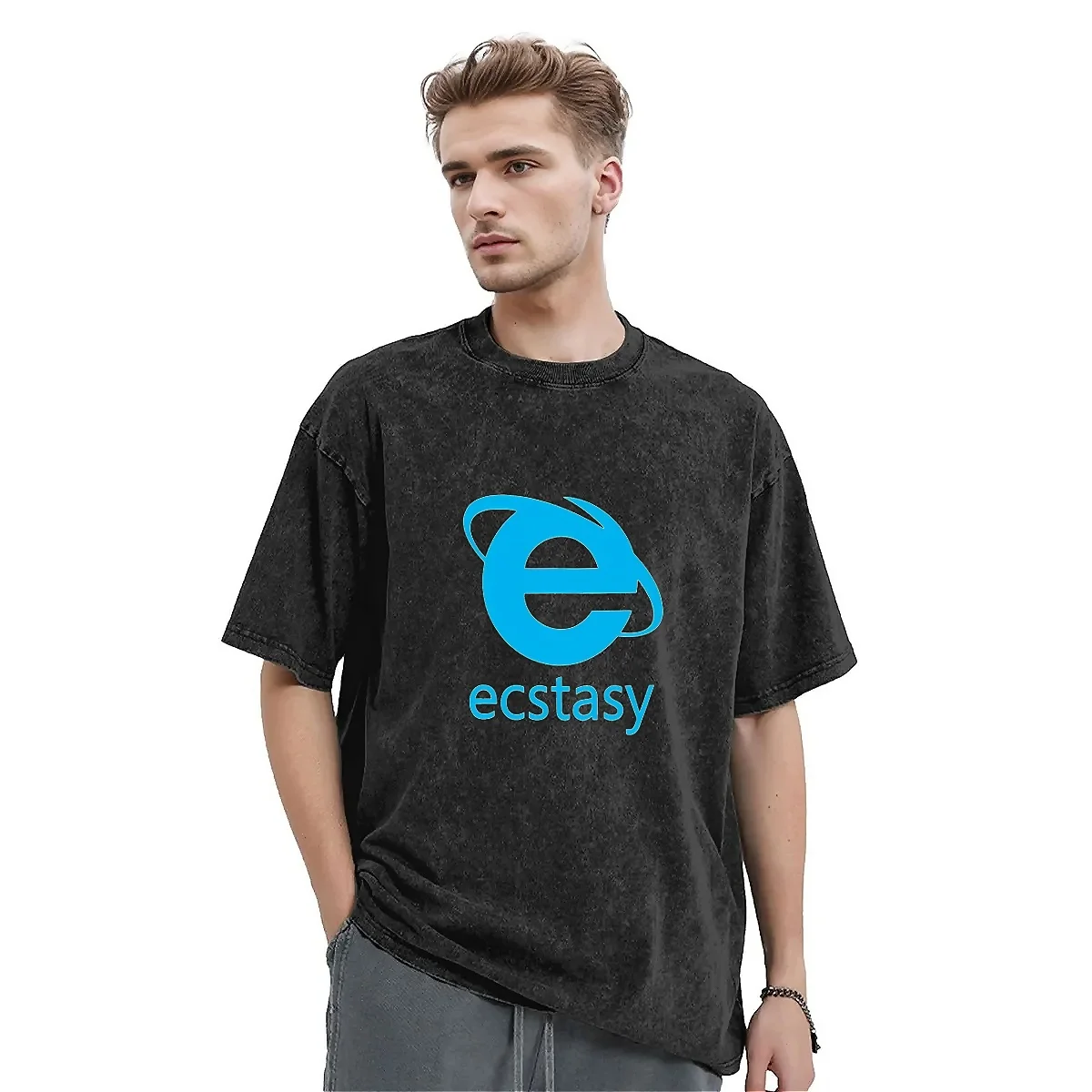 Ecstasy Washed T-Shirt Male Popular Logo Awesome Cotton T Shirts Beach O-Neck Fashion Tee Shirt Design Oversized Clothing