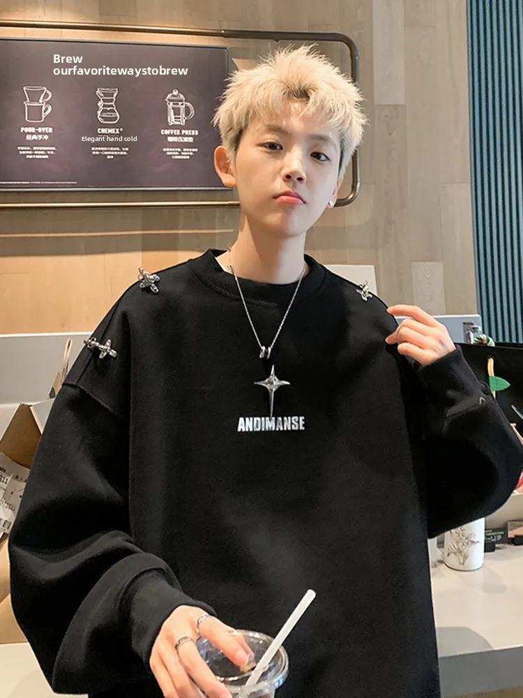 American Sle High Street Hip Hop Jaet Sudadera de manga larga con cuello redondo para hombre, camiseta informal holgada de color azul metalizado