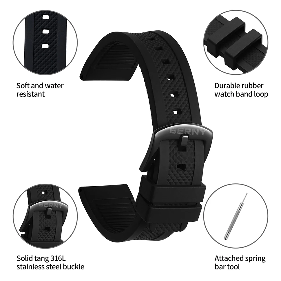 BERNY Silicone Strap Watchbands 22/24mm Black Watch Strap Comfort Soft and Breathable Watches Accessories