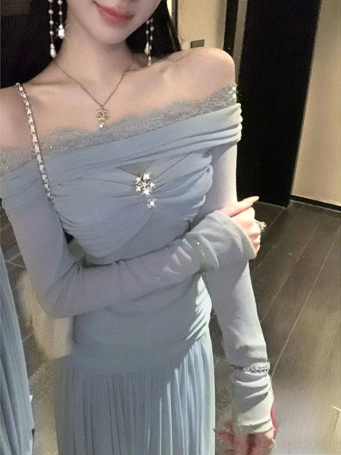 

Ele One-oulder Long Sve Women's Faion Set Sun Ya Mist Island Blues Spring Summer High Waist Midi Skirt