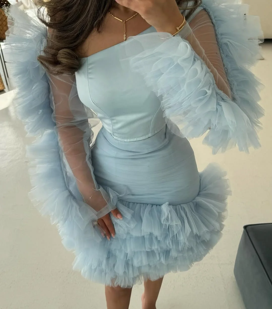 Mojy Customized Intricate Modern Style Tulle Pleat Ruched Tiered A-line Off-the-shoulder Short Dresses Bespoke Occasion Dresses