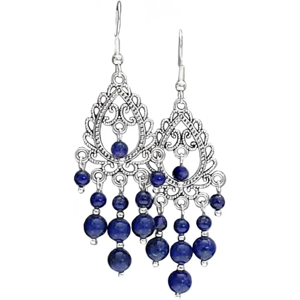

Handcrafted Lapis Lazuli Drop Earrings Vintage Style Long Dangles in Gift Box for Women