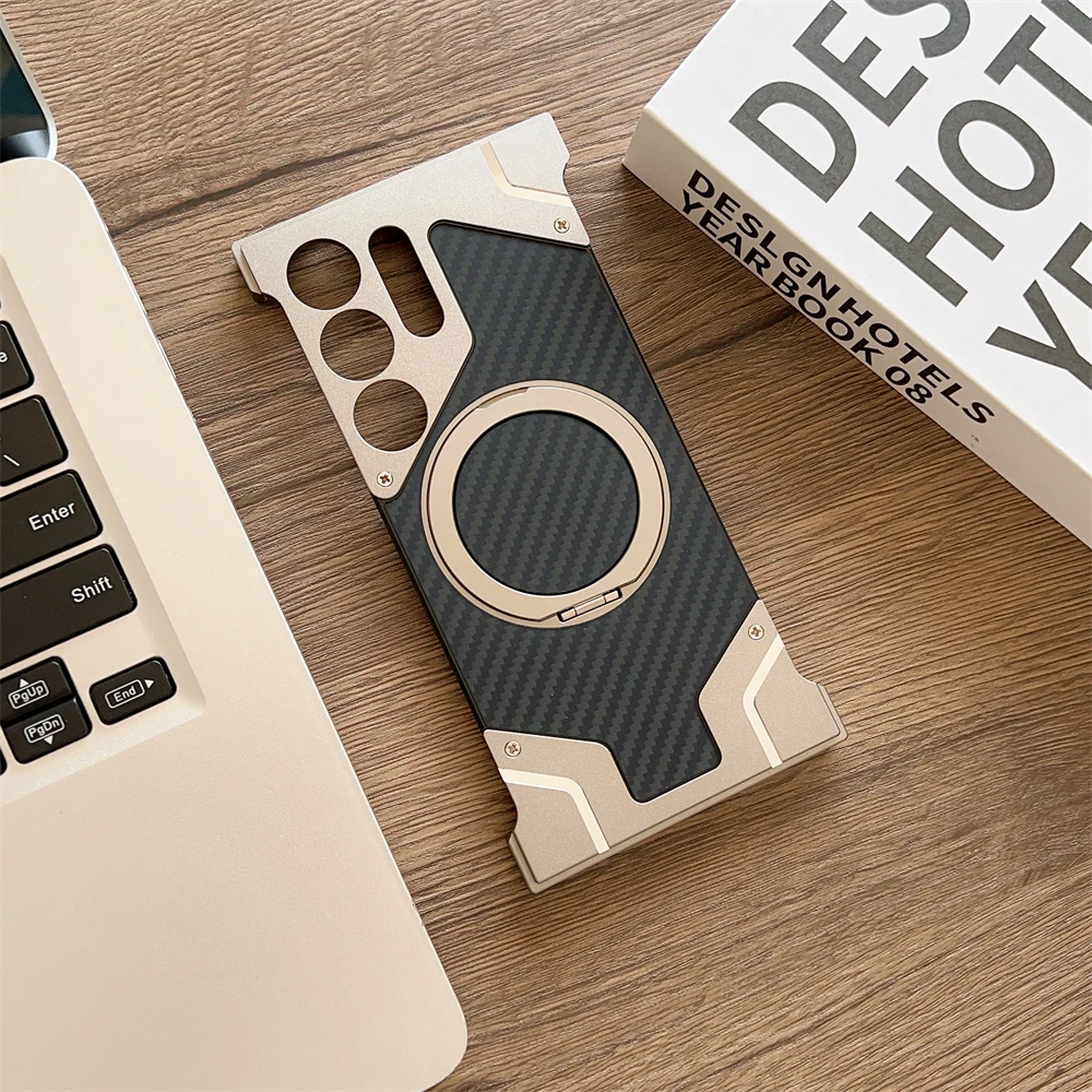 Aluminum Alloy Frame Magnetic Holder Phone Case For Samsung Galaxy S25 S24 S22 S23 Ultra Carbon Fiber Metal Frame Bumper Cover