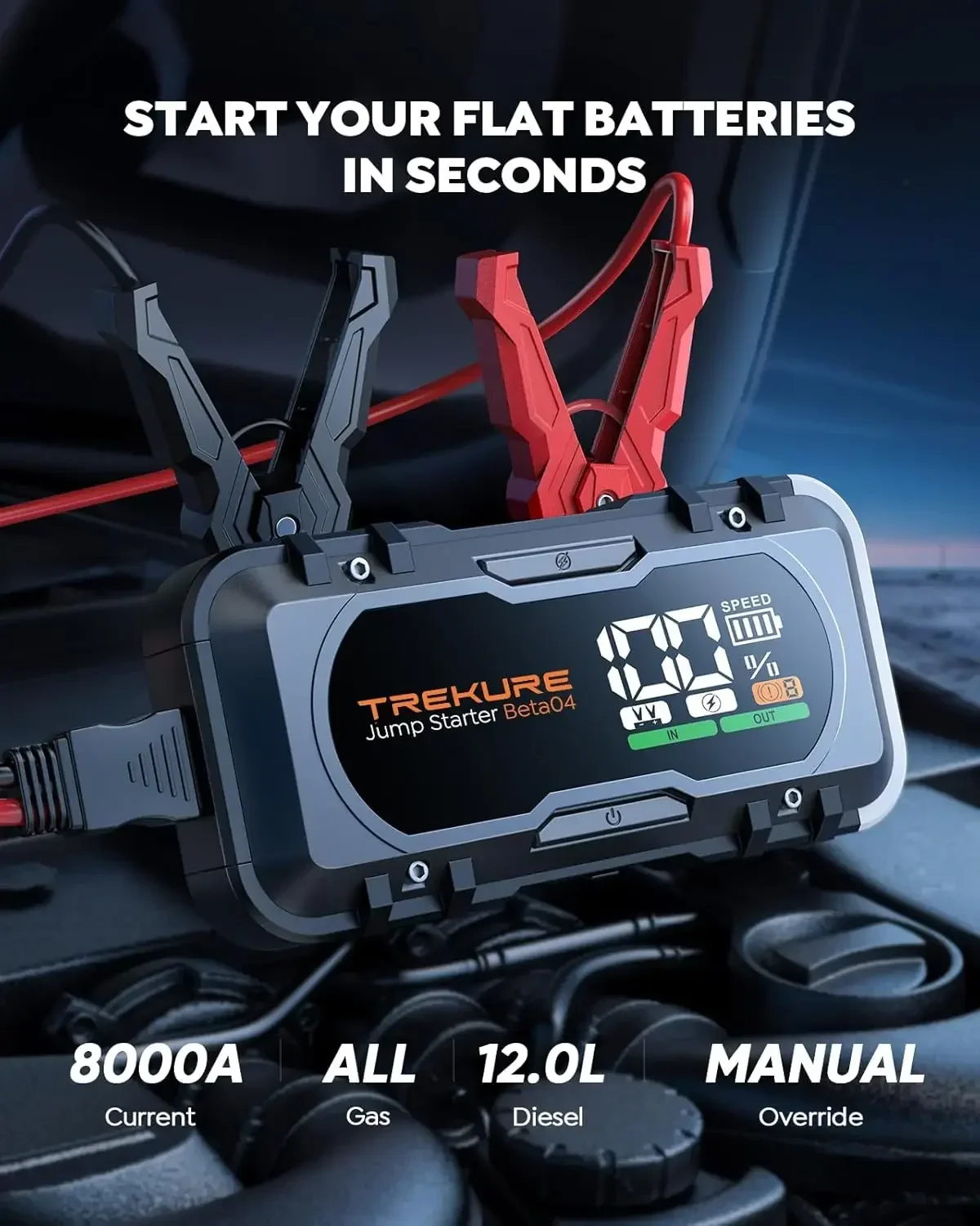8000A Car Battery Jump Starter, Battery Jumper Starter Portable (All Gas/12L Diesel), 27000mAh 65W Charging Jump Box, Portable C