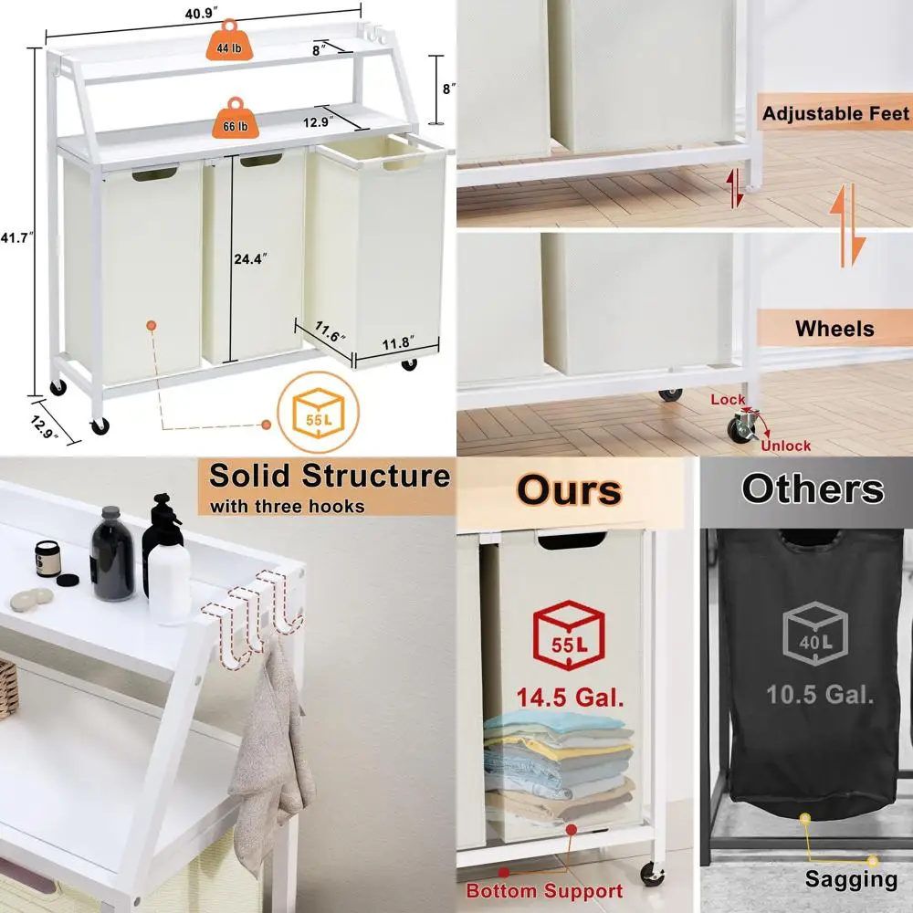 

3-Section Rolling Laundry Basket with Removable Bags, 2 Shelves, 14.5 Gal Each, for Laundry Room, White & Beige