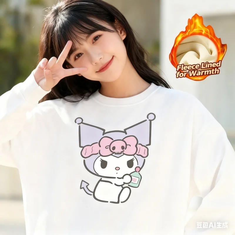 

2025 Sanrio Series Printed Crew Neck Long-Sleeve Top, Cute and Warm Fleece-Lined Crew Neck Long-Sleeve T-Shirt, 100% Cotton