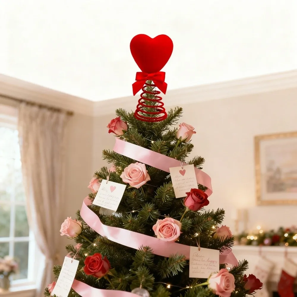 

Romantic Valentine's Day Decoration Red Heart Glitter/Velvet Heart Tree Topper Velvet Bow Spiral Base Heart Treetop Ornament