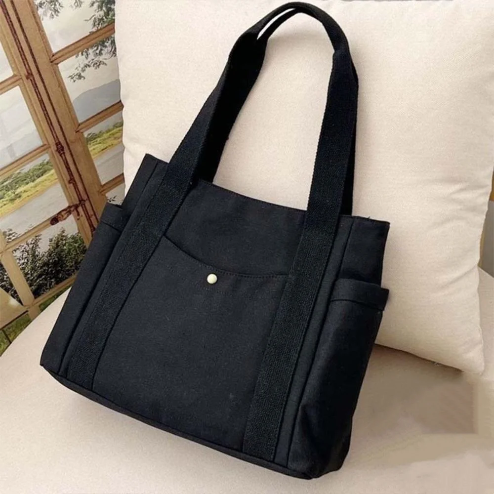 Solid Color Canvas Tote Bag Casual Versatile Handbag For Commuter Work Student Class Underarm Bag Women Portable Shopping Bag