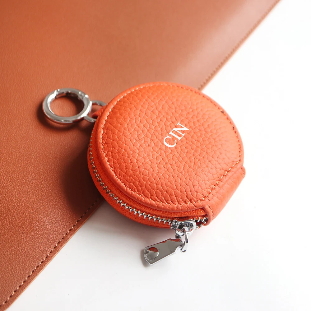 Luxury Custom Letters Earphone Case Mini Genuine Leather Round Coin Purse Wireless Headset Bag Personalize Name Keychain Wallet