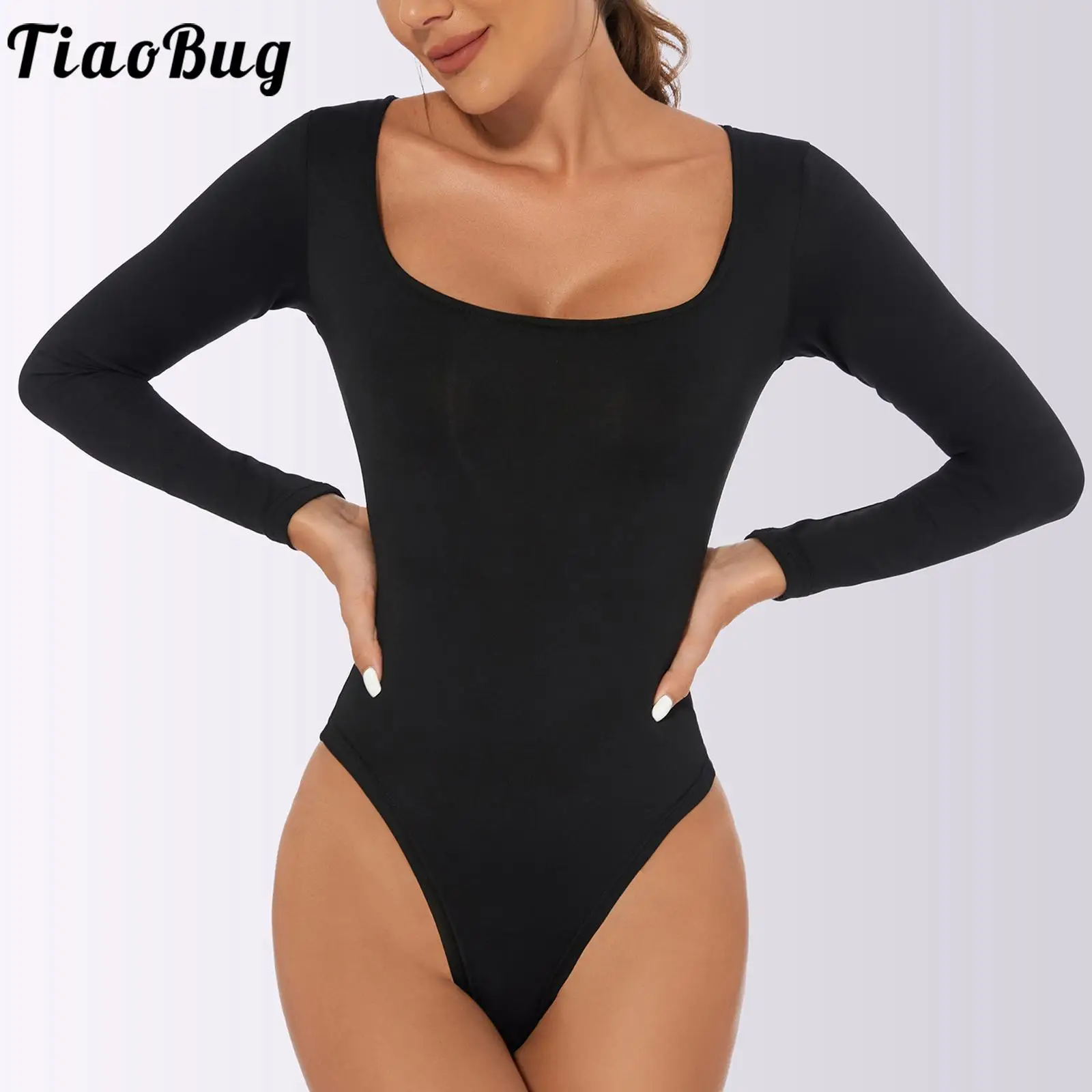 Womens Stretchy Jumpsuit Gymnastic Yoga Dance Wear Plunge Square Neck Long Sleeve Press Buttons Bodycon Soild Color Bodysuit