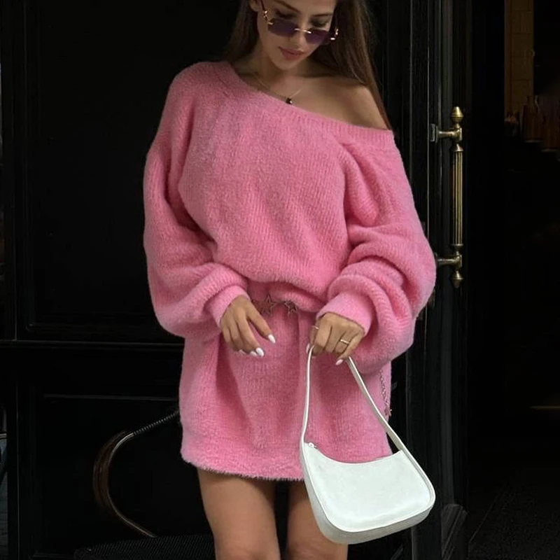 

TARUXY Faux Mink Pullover Sweater Female V-neck Reversible Autumn Winter Lanter Sleeve Loose Midi Knitted Sweater Solid Elegant