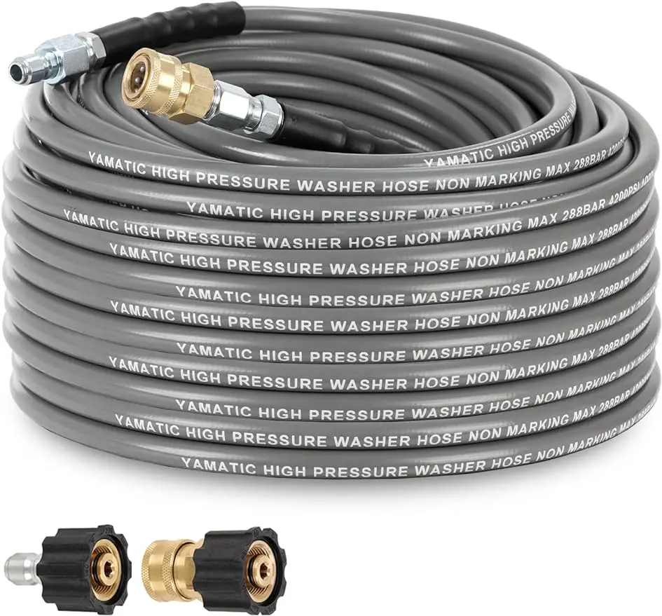 

Non Marking 1/4" 4200 PSI Pressure Washer Hose 50 FT for Hot/Cold Water Rubber Wire Braided Kink Free Swivel 3/8"