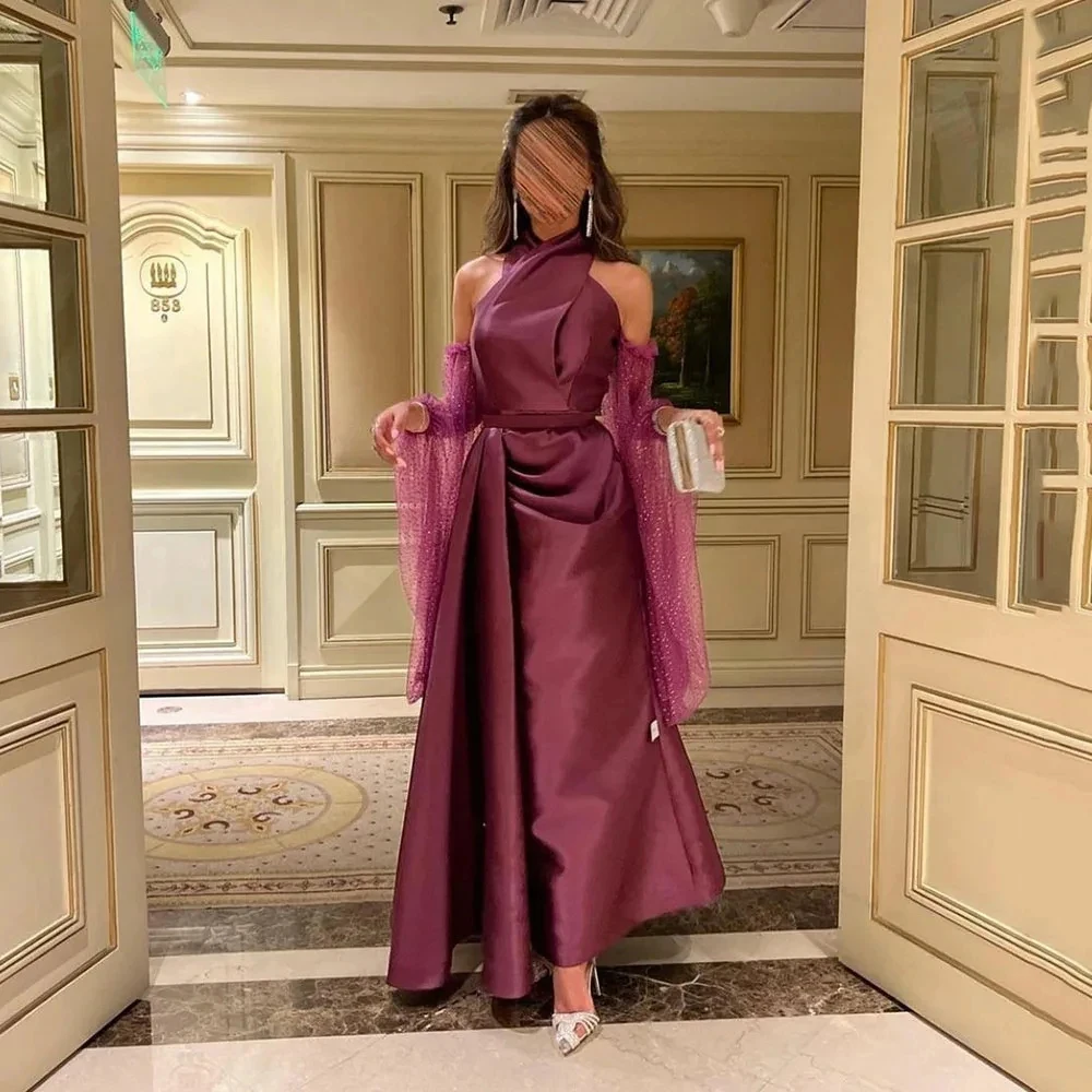 Customized Yipeisha Simple High neck Purple Formal Evening Dress Draped With sleeveless Pleate A-line Satin Ankle Length Prom Pa