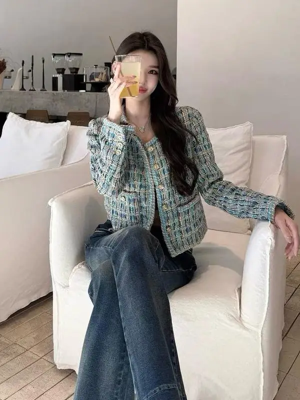 マンモスブルー サウスオイル ヘビーウェイト ウーブン ラグジュアリー オートクチュールコート 女性用 ゴールデンブルー レトロ スタイリッシュ アウターウェア