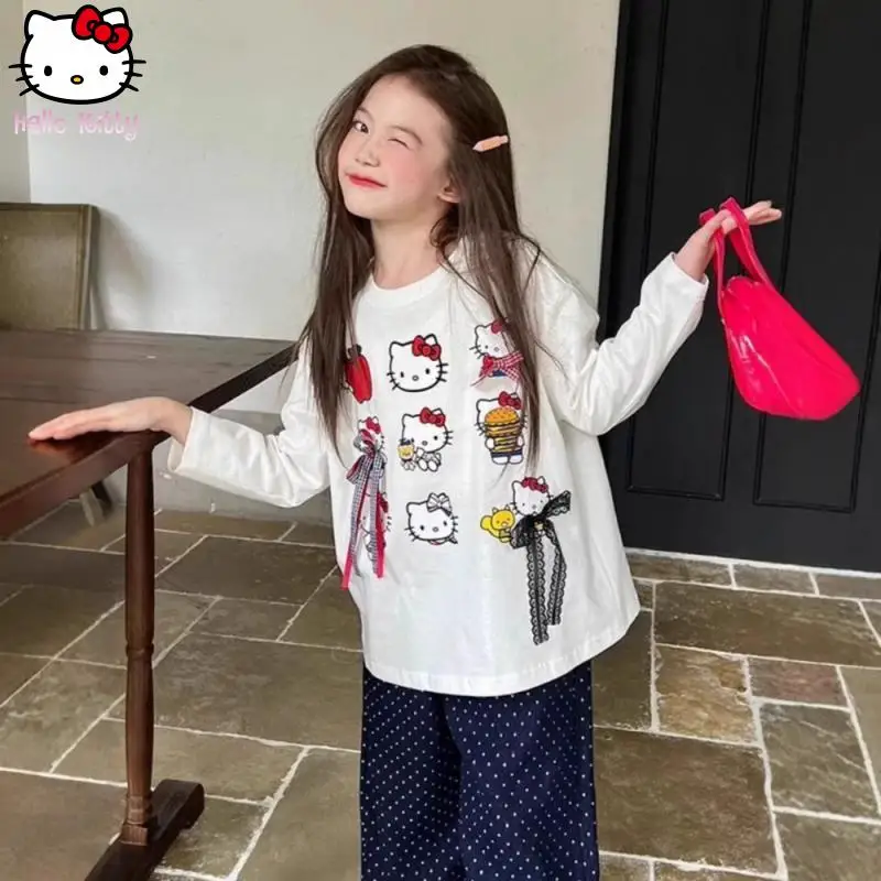 

Футболка с бантом в стиле аниме «Hello Kitty» для девочек, кавайная весенне-осенняя новая футболка Sanrio с белым принтом и длинными рукавами, модная универсальная