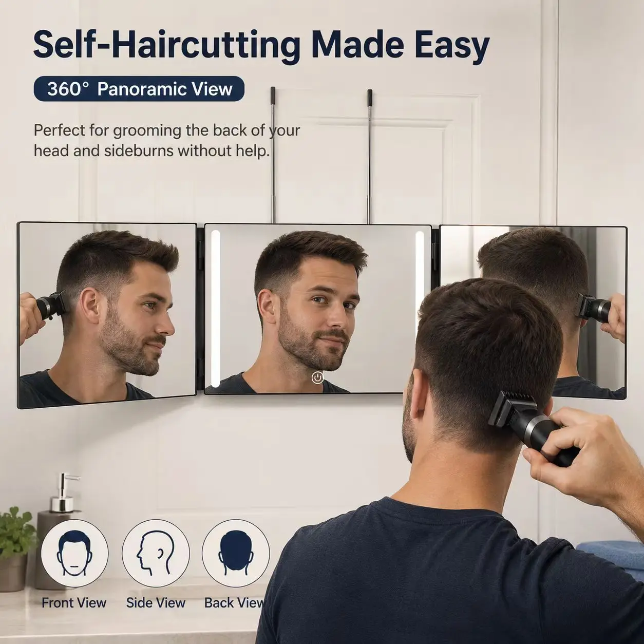 3-Wege-Spiegel für Selbsthaarschnitt, 360° faltbarer LED-Make-up-Spiegel mit Licht, Type-C-aufladbar, Touch-Dimmer, höhenverstellbar, faltbar, für Männer Friseur Frauen Kosmetik Bad Schlafzimmer