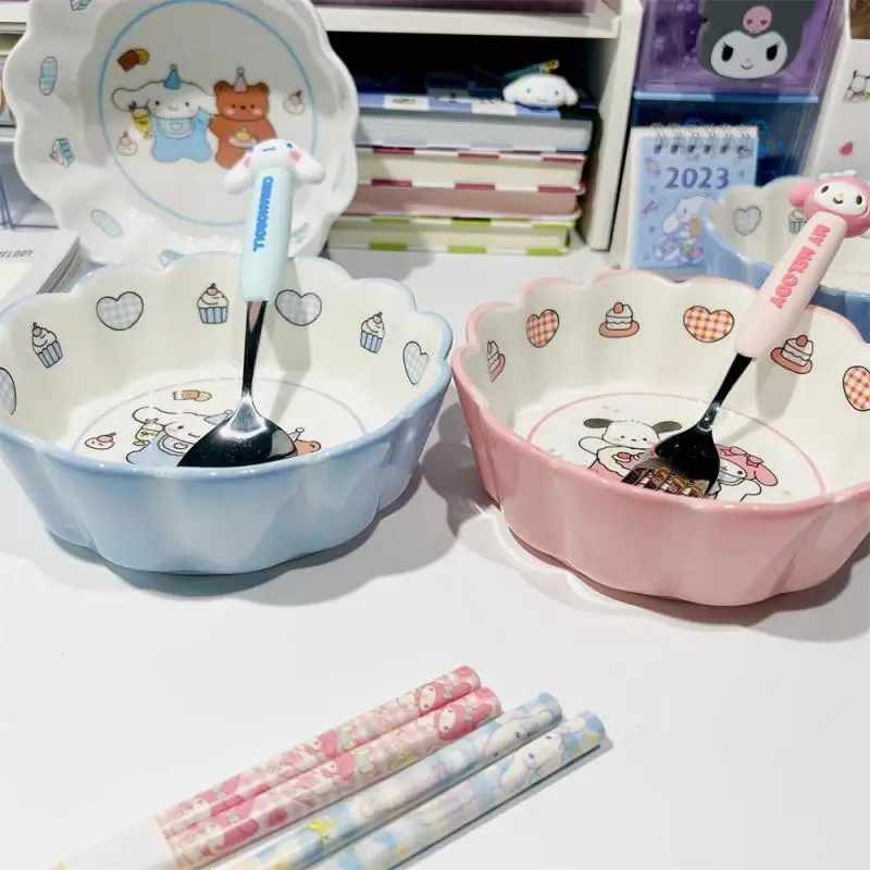 Kawaii Sanrio My Melody Bowl Cinnamoroll Pochacco Children Cartoon Household Large Capacity Ceramic Fruit Salad Plate Tableware