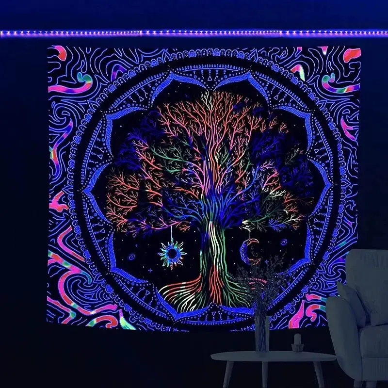 VIKAMA Blacklight Luminous Fungi Jungle Celestial Sky Reactive Tapestry Trippy Wall Art Room Decor Accent Soft Durable Cozy Gift