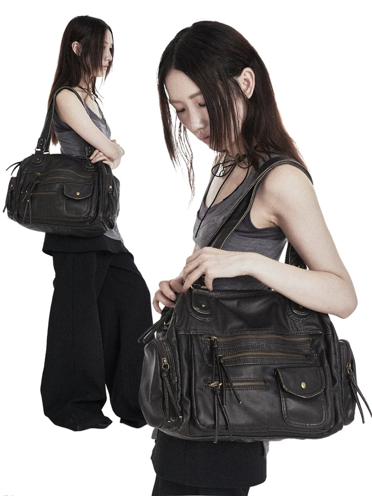 Bolso de alta calidad de cuero suave retro, bandolera de un hombro, bolso de mano de gran capacidad, bolso punk con múltiples bolsillos para motocicleta Y2K
