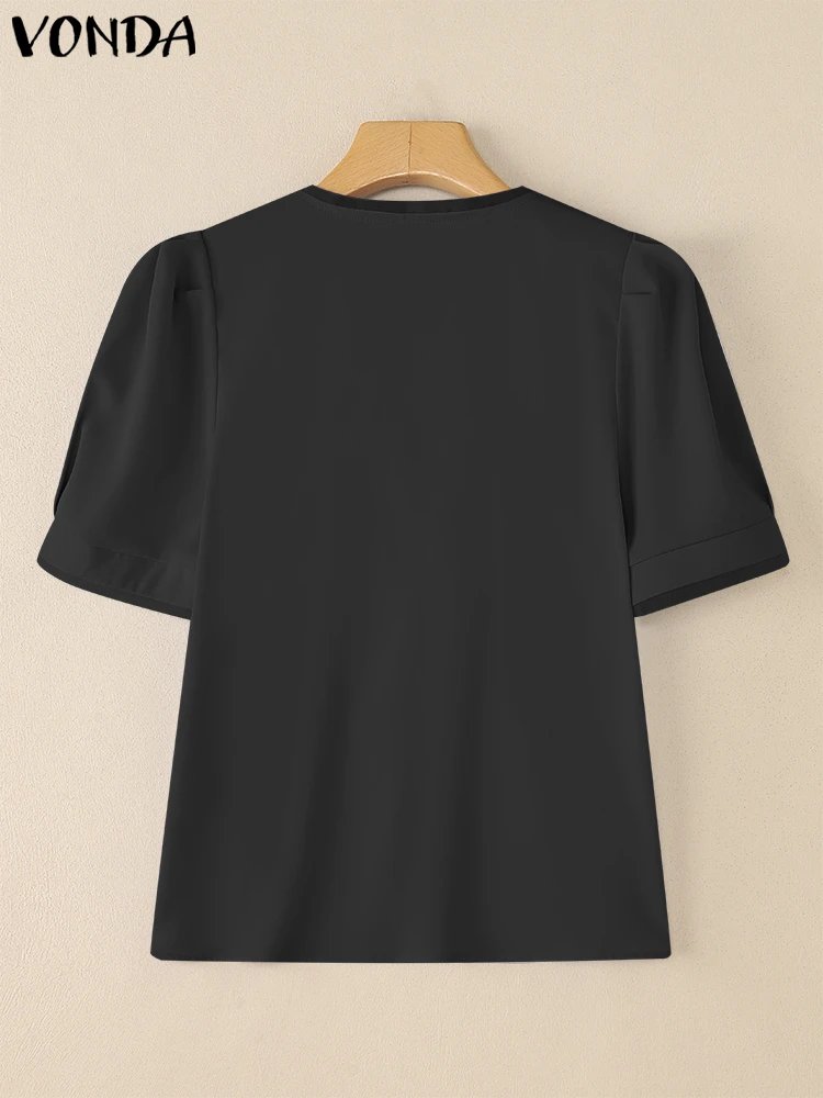 Camisas elegantes 2025 VONDA, Tops de manga corta para mujer, Túnica holgada informal con cuello en V, Blusas de trabajo de oficina con botones, Tops de Color sólido