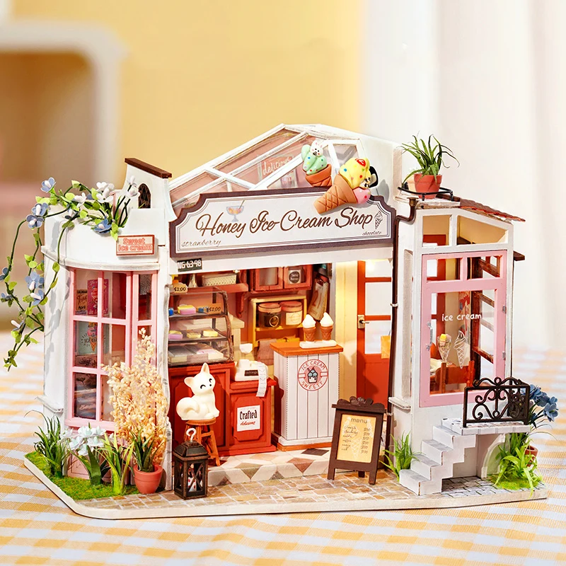 Animazione Kawaii Negozio di gelati Fai da te Cabina fatta a mano Arte Casa Casa Scena in miniatura Modello Ornamento Blocchi di costruzione Regalo di compleanno