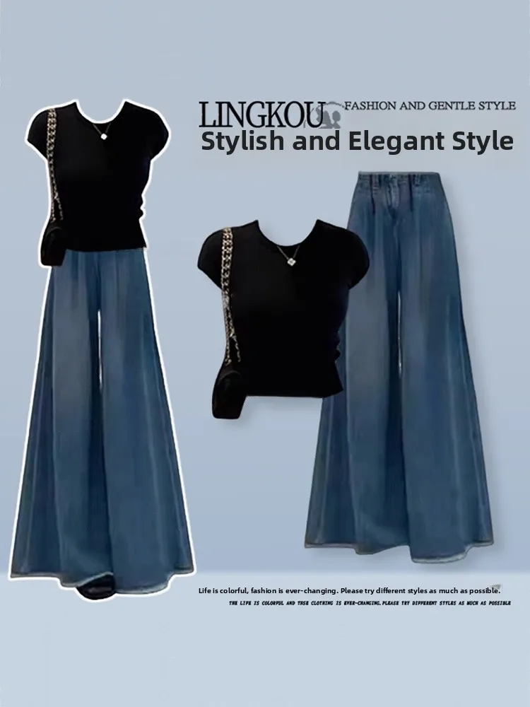 

Винтажный комплект из двух предметов: женская футболка в стиле Pure Desire и джинсы с широкими штанинами, облегающий крой, летняя новинка, джинсовый наряд.