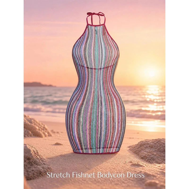 1PC Sexy Women Fishnet Cover Up Without Bikini Hollow Out Bodycon Dress  See Through Beachwear Summer Women's Swimwear DS002