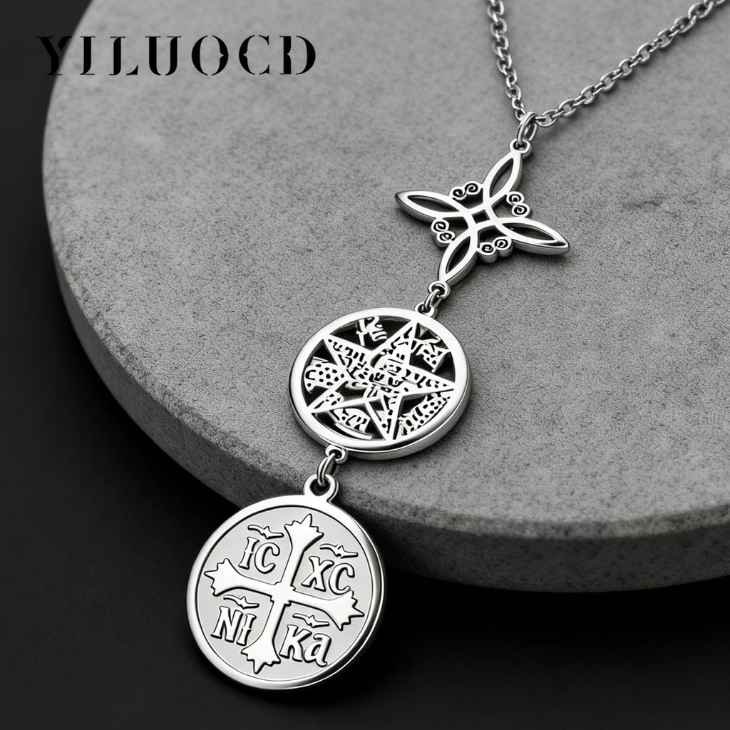 Vintage Triple Protection Pendant Necklace Orthodox Cross Witch Knot Pentagram Tetragrammaton Symbol Pendant Amulet Jewelry