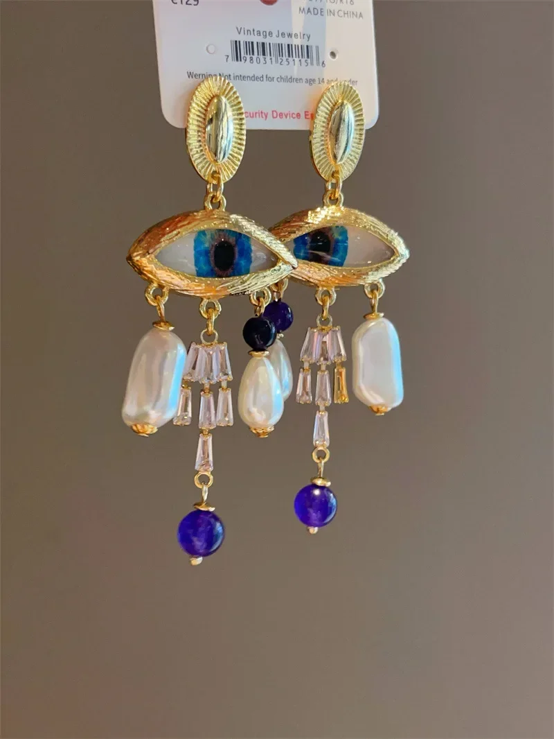 Exaggerated Big Eyes Pearl Water Droplet Long Earrings