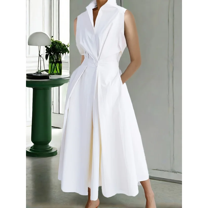 

Elegant Midi Solid Color Lapel Long and Sleeveless Dress for All Seasons WD1011