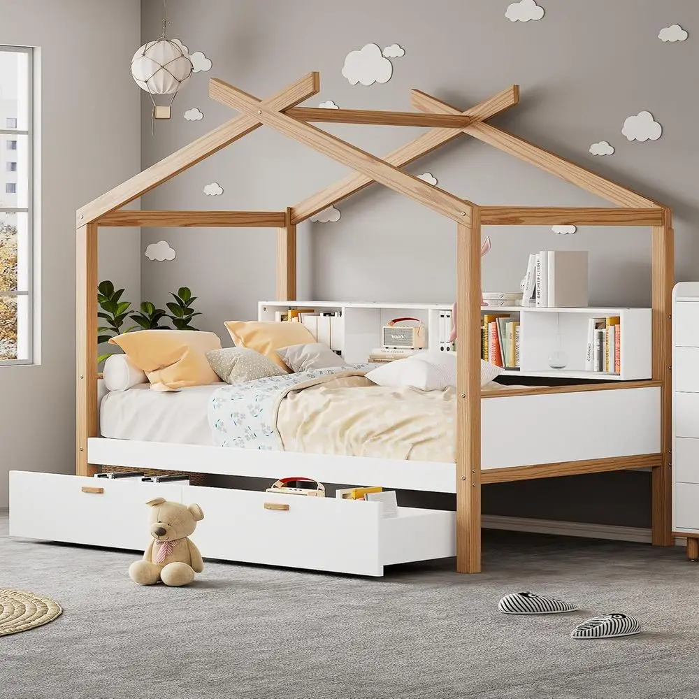 

Virubi Twin Size Wood House Bed or Kids, Wood e Daybed with Two Storage Ders and Open Bookshel or Boys Girls Teens Children Bedr