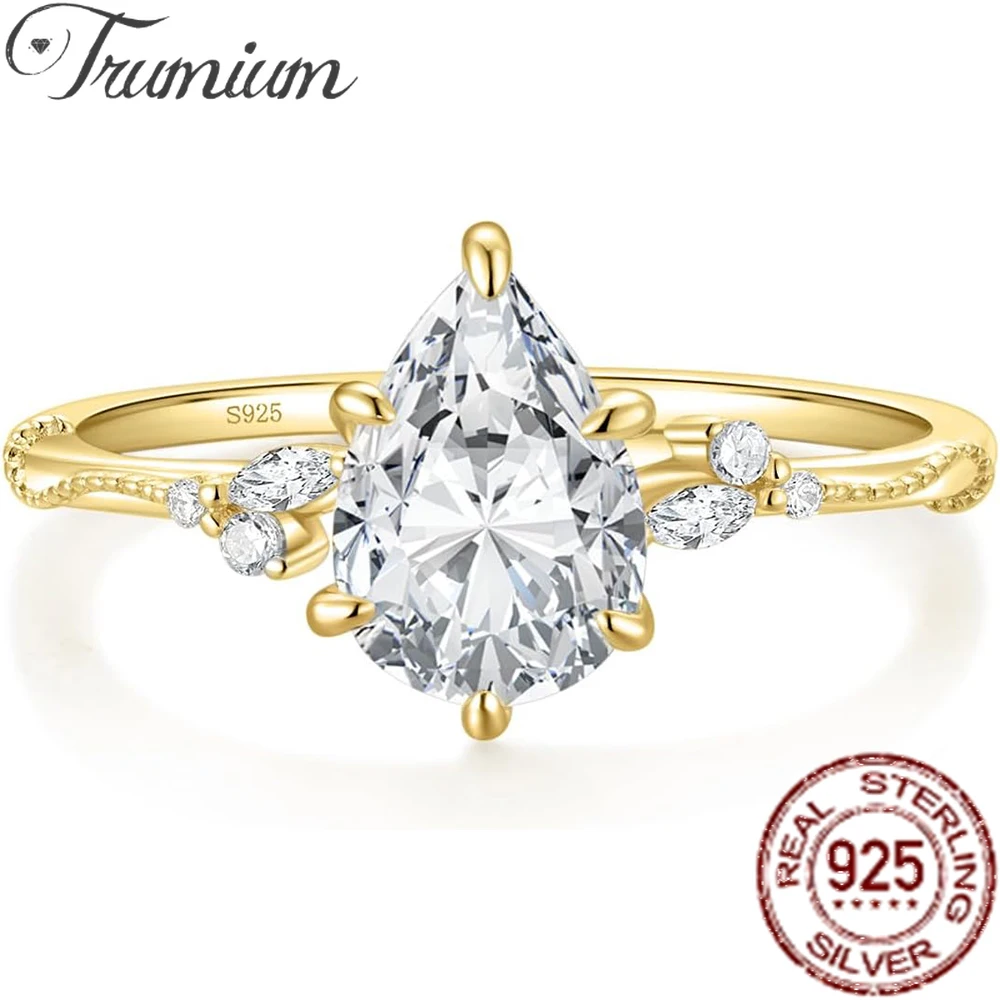 Trumium 2CT s925 Sterling Silver Engagement Pear Cut Rings for Women Wedding Teardrop Halo Cubic Zirconia Bridal Promise Ring