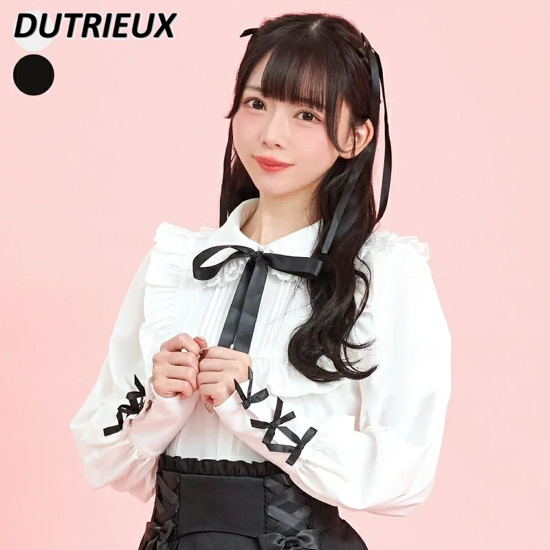 Spring Autumn Bottoming Shirt Sweet Cute Girls Japanese Fungus Edge Blouse Bow Tie Love Pendant Doll Collar Long Sleeve Tops