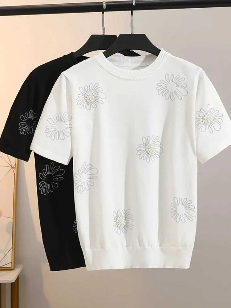 

Elegant Sweater Women Knit T-shirt Knitwear 2025 Summer Flower Beading Short Sleeve Fashion Stylish Jumper Y2k Tops M-4XL