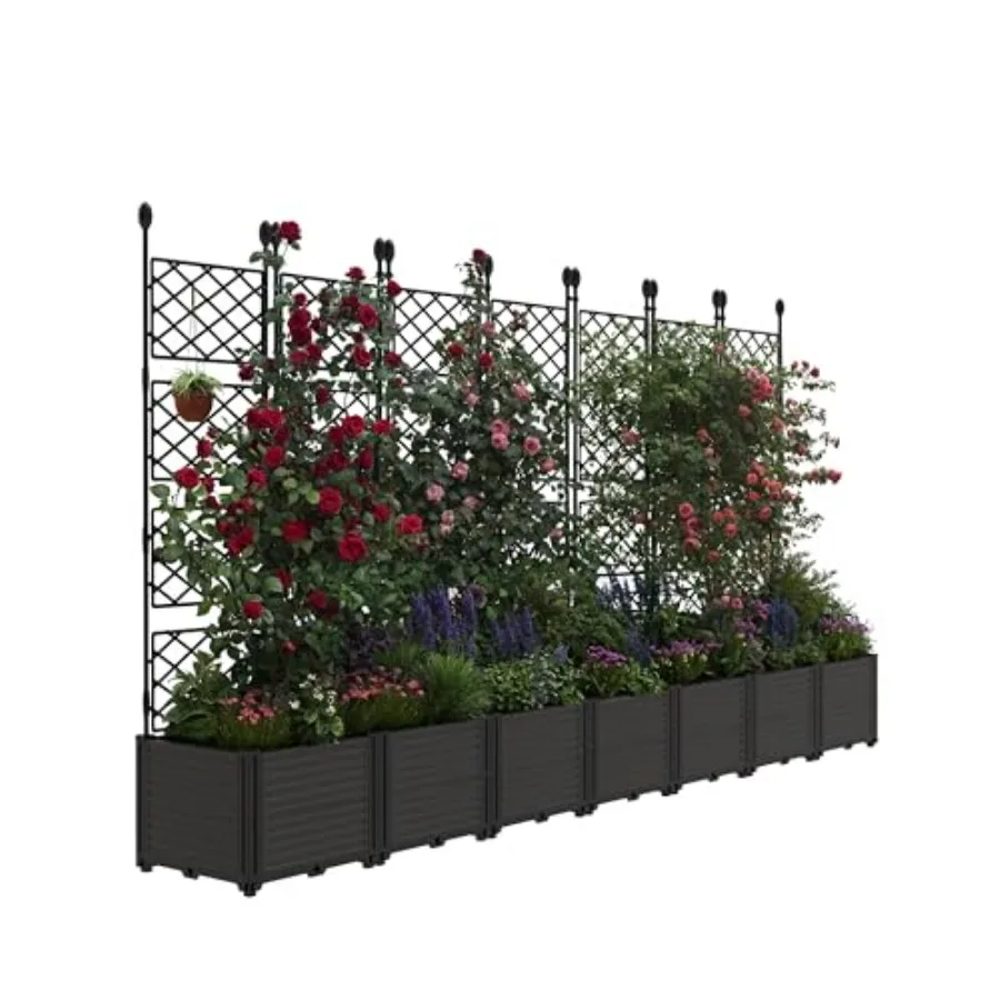 7PCS Modular Raised Garden Bed Planter Box Kit with Metal Trellis, Planting for Patio Privacy Screen, Trellis Planter for Small